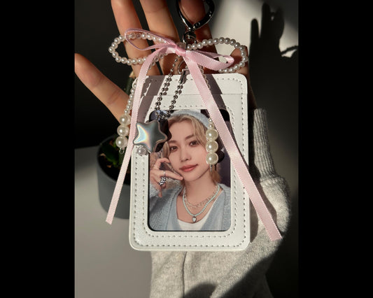 Photocard Holder with Pearl and Pink/Red Ribbon Keychain