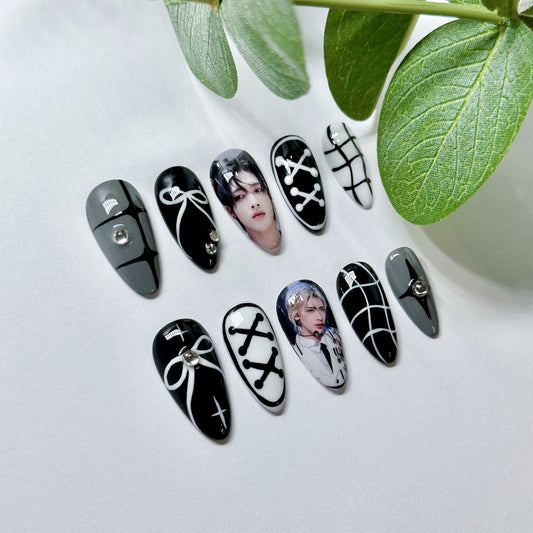 Kpop Cool Black Nail Set (Custom Photos)