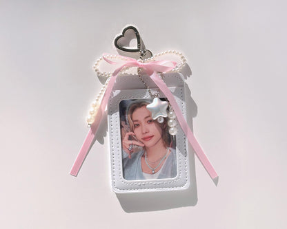 Photocard Holder with Pearl and Pink/Red Ribbon Keychain