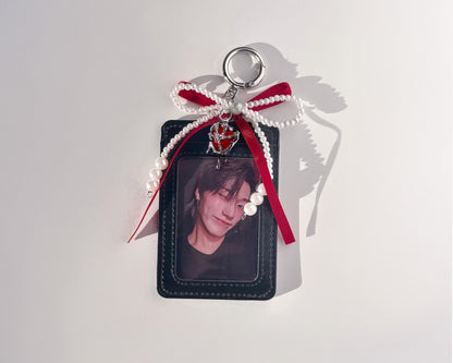 Photocard Holder with Pearl and Pink/Red Ribbon Keychain