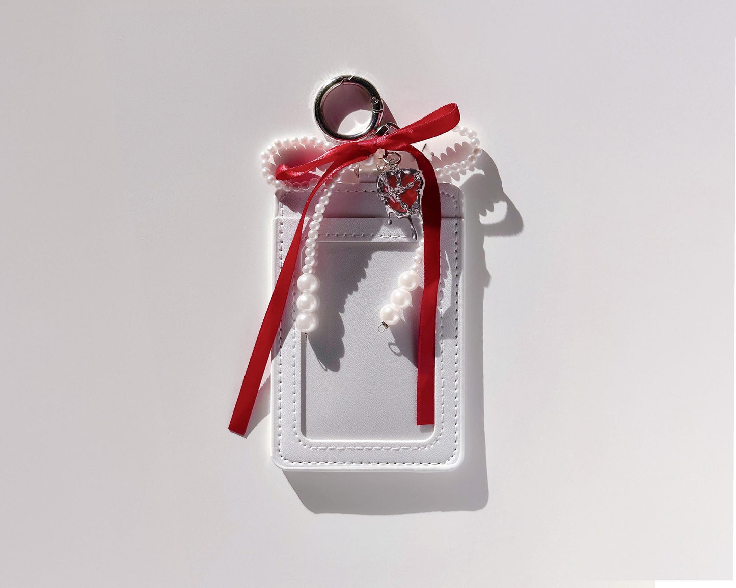 Photocard Holder with Pearl and Pink/Red Ribbon Keychain