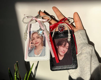 Photocard Holder with Pearl and Pink/Red Ribbon Keychain