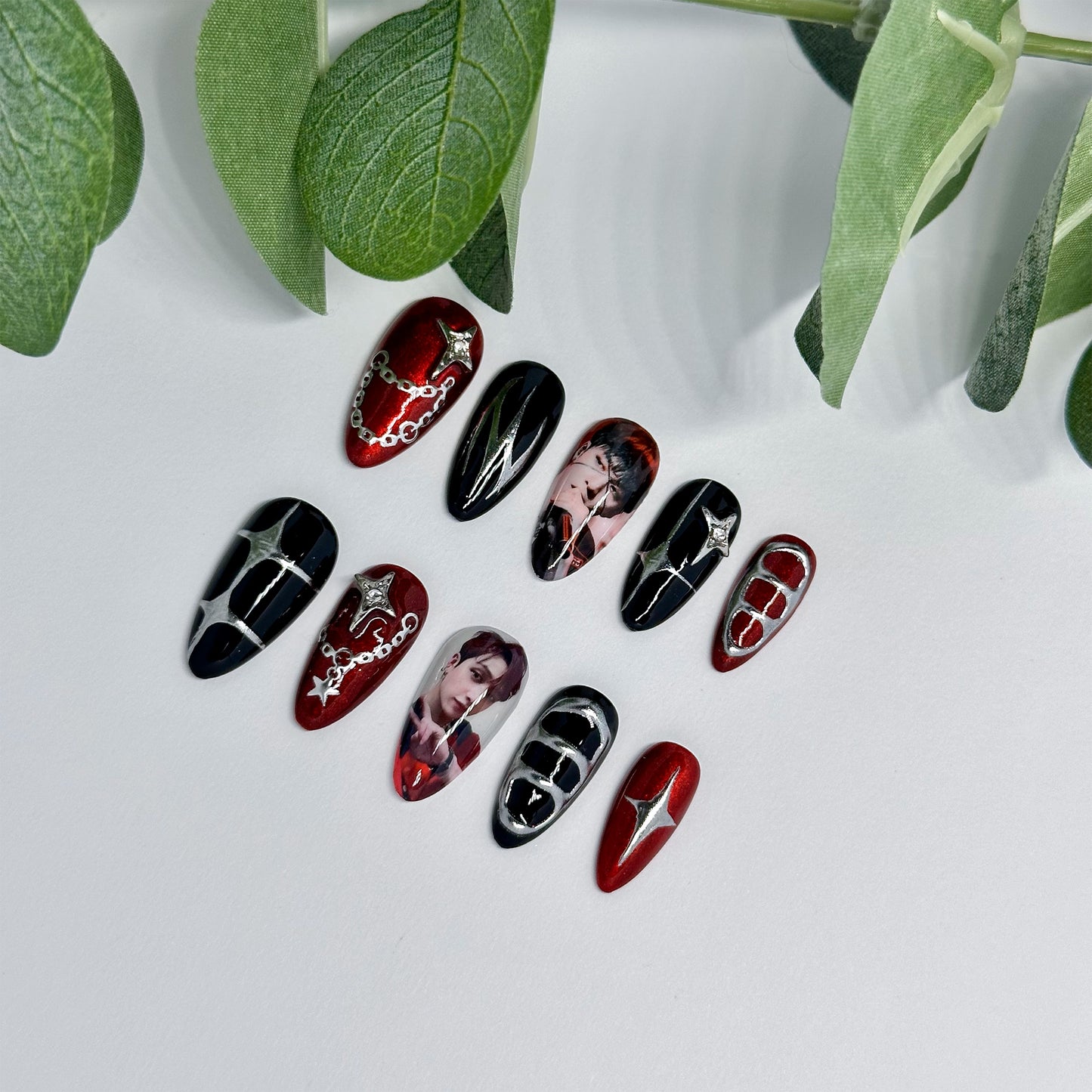 Kpop Cool Red Nail Set (Custom Photos)